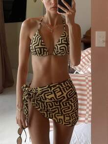 Swim Vcay Women's Beach Spring/Summer Music Festival Asymmetrical Graphic Pattern Print Halter Triangle Bag, High Cut PantsSkirtrt 3-Piece Bikini Set - Multicolor - View 1