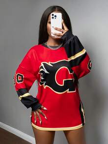 Slaydiva 2025 Autumn/Winter New Year, Valentine's Day, Party, Banquet, Date, Birthday Party, College Style, Student Wear, Daily Casual, Basic Versatile, Leisure, Cruise Travel, Viral Hit, Elegant, Commute, Business Casual Women Round Neck Long Sleeve Loose Fit Red Base Black Number & English Print Graphic Sweatshirt - Red - View 4