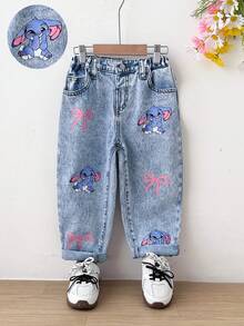 Pantalones vaqueros azules sueltos y acampanados con estampado de conejo lindo de dibujos animados y lazo rosa para niña joven - Lavado ligero - Ver 6
