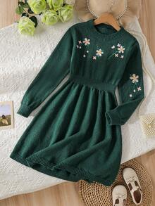 Sparklyn Tween Girls' Sweater Dress, Colorful Floral Embroidery, Casual & School Style, Loose Fit, Comfortable & Stretchy, Suitable For Home, Party, Halloween, Christmas, Outings, School, Can Be Paired With Christmas Party Dress Or Christmas Jumper - Pink - View 6