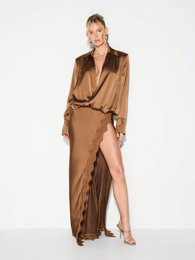 KIZN Satin Button-Front Maxi Dress With Lace Trim