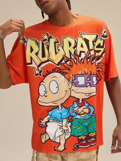 Nick 90s | SHEIN Men's Casual Letter & Cartoon Graphic Round Neck Short Sleeve T-Shirt, Summer