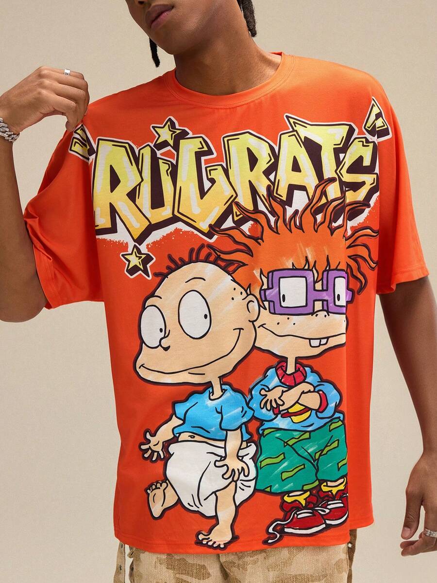 Nick 90s | SHEIN Men's Casual Letter & Cartoon Graphic Round Neck Short Sleeve T-Shirt, Summer - Orange - View 1