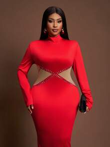 Slaydiva Váy liền thân dài tay khoét lỗ đính đá trang trí màu đỏ trơn cỡ lớn 2025 dành cho nữ mùa đông, thích hợp làm váy Giáng sinh/váy năm mới/váy dự tiệc/váy thanh lịch cho nữ/váy lấp lánh/trang phục Lễ Tạ ơn cho nữ/váy đỏ - Đỏ - Xem 7