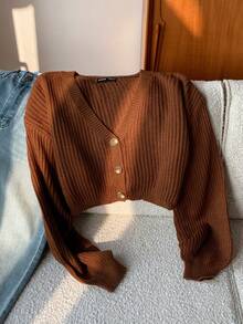 SHEIN EZwear 纯色纽扣前罗纹针织开衫、长袖上衣、秋冬针织毛衣