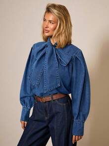 COSMINA 女士系领泡泡袖休闲宽松时尚牛仔衬衫，法式复古大蝴蝶结牛仔衬衫，春秋冬宽松优雅长袖上衣 - 藍色 - 查看 5