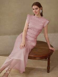 MOTF PREMIUM Váy lưới tương phản vải nhún lãng mạn cho kỳ nghỉ - Hồng - Xem 3