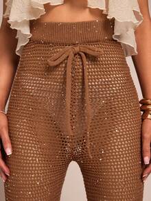 Glamine Damen Hose mit elastischem Bund, Schleife und Pailletten Dekor, modische gestrickte Weite Hose - Braun - Übersicht 7