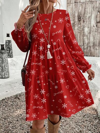 EMERY ROSE Valentine's Day Casual Minimalist New Year Pattern Red Christmas/New Year/Valentine's Day Pattern Loose Fit Crew Neck Plus Size Dress, Suitable For Autumn/Winter Lantern Sleeve Dress Boho Dress Women Christmas Dresses For Women Red Casual Dress Long Sleeve Dress Happy New Year Dress Snowflake Print Dress Long Sleeve Casual Dress Snowflake Dress