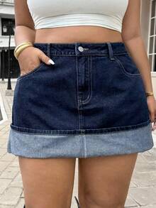 SHEIN ICON Chân váy chữ A denim ôm cạp cao cỡ lớn có viền bo lên - Rửa tối - Xem 5