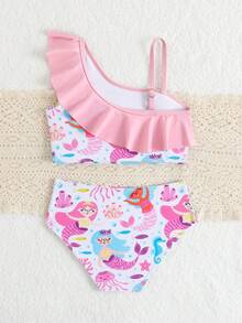 Young Girls Ruffled One-Shoulder Cartoon Mermaid Print Bikini Set, Cute Children Swimwear, Beach Vacation Essential, Random Print, Suitable For Vacation, Beach, Seaside, Summer, Spring Break, Summer Holiday