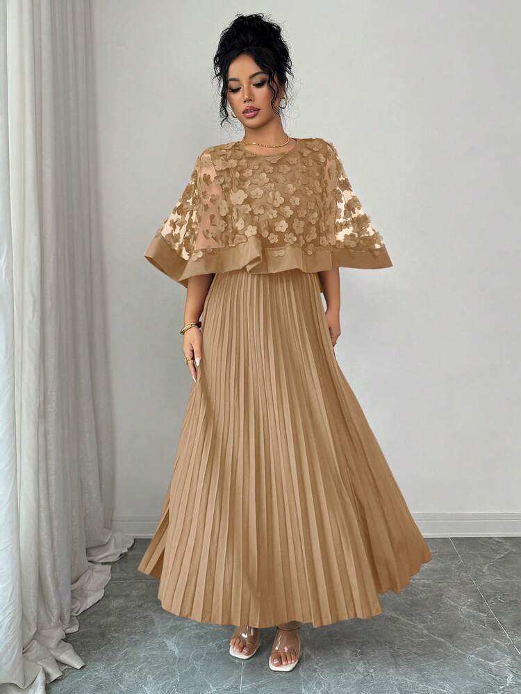 Elenzga Vestido con decoración floral elegante y bajo plisado, adecuado para bodas, fiestas de cumpleaños y otras ocasiones, otoño - Caqui - Añade 4