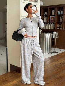 Muchica Women Fashion New Casual Knitted Textured Fitted Long Sleeve Top And Pants Set For Going Out Outfits, Streetwear, Y2K Clothes, Two Piece Set Women Comfy - Multicolor - View 4