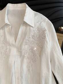 Airaco Camisa casual de mujer de manga larga con decoración de aplicaciones y abotonadura sencilla - Blanco - Ver 3