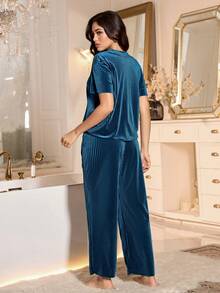 LuxeNights Women's Elegant Velvet Solid Color Cardigan Short Sleeve Pajama Set, Autumn/Winter Velvet Lounge Set Blue Pajama Set - Teal Blue - View 3