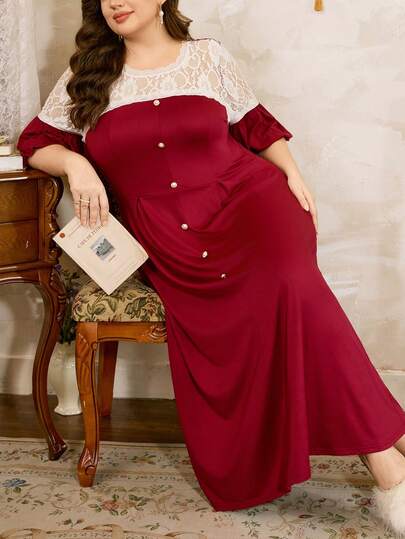 Côtesoire Plusstorlek fransk elegant spetslappning med puffärm, fransk graciös charm plusstorlek kvinnor nattlinne kurviga klänningar nattlinne plusstorlek kurvig nattlinne plusstorlek nattklänning, vinter