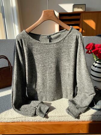 Maglione a maniche a lanterna, mélange, lavorato a maglia per l'autunno/inverno