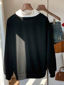 Comfortcana Colourblock Heart Print Contrast Collar Sweatshirt - Black - View 2