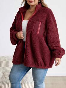 SHEIN CURVE+ Plus Size Casual Warm Zip-Up Stand Collar Jacket, Autumn/Winter