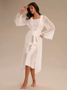 Enchnt Bộ đồ ngủ cưới lãng mạn 2 món dành cho nữ, mùa lễ hội ấm cúng và thanh lịch - trắng - Xem 4