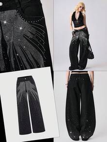 EDITION Quần jean ống rộng cạp thấp đính kim cương Punk thời trang đường phố dành cho cả nam và nữ - màu đen - Xem 1