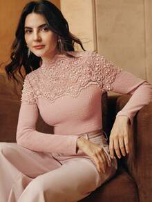 Anewsta Áo thun nữ tay dài cổ tròn ren ôm sát thanh lịch - Màu Hồng baby - Xem 3