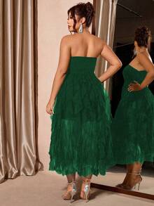 Cravure Plus Size Women's Bestselling Solid Color Elegant Strapless Mesh Irregular Patchwork Dress, Fitted Slimming A-Line Silhouette, Suitable For Party, Club, Evening Gala, Daily Commute, Dining Out, Photo Shoot - Green - View 2