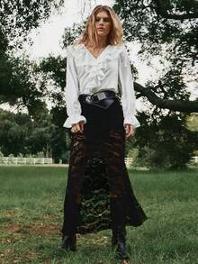 Freevana Camicia casual da donna con scollo a V, orlo con volant e spacco, manica lunga - Bianco - Visualizzare 3