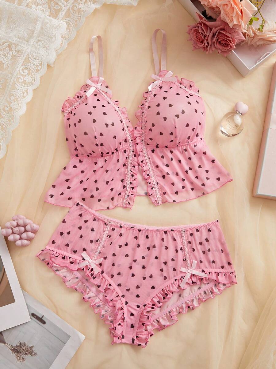 2pcs Plus Size Sweet & Sexy Front Button Floral Print Ruffled Lingerie ...