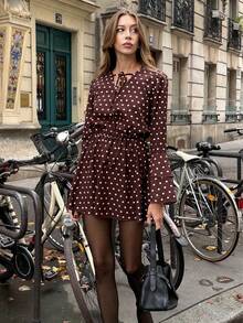 SHEIN PETITE Đầm chấm bi đơn giản tay bồng cho nữ, đầm chấm bi nữ, đầm chấm bi mùa thu. - Cà phê - Xem 4