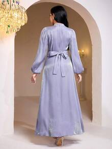 Veilorie Women's Solid Color Stand Collar Lantern Sleeve Waist Ruched Elegant Arabic Dress - Mauve Purple - View 3