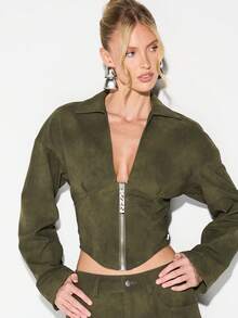 KIZN 橄榄绿麂皮短款拉链夹克，长袖翻领，秋冬外套 - 棕色 - 查看 3