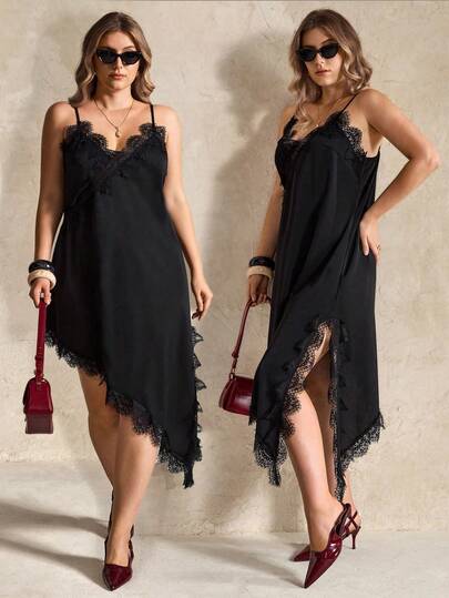 Elegantrix Vestido de mujer talla grande de estilo urbano casual de uso diario con cuello en V, parches y dobladillo asimétrico de encaje en unicolor