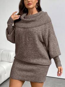 Firerie Plus Size Casual Comfortable Y2K Style Off-Shoulder Long Sleeve Sweater Dress, Versatile Wear For Commuting And Daily Life, Retro Gray, Autumn/Winter - Khaki - View 4