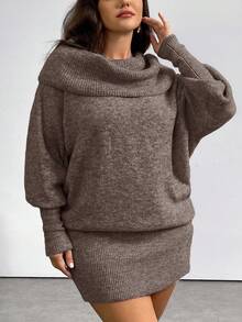 Firerie Plus Size Casual Comfortable Y2K Style Off-Shoulder Long Sleeve Sweater Dress, Versatile Wear For Commuting And Daily Life, Retro Gray, Autumn/Winter - Khaki - View 5