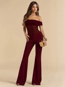 SHEIN BAE Elegant Sexy Black Sheer Mesh One-Shoulder Wide Leg Jumpsuit, Versatile For Daily Wear, Dates, Outings, Parties, Graceful Women's Layering Piece, Asymmetric Jumpsuit, Wide Leg Jumpsuit, Valentine's Day Jumpsuit, Everyday Jumpsuit, Elegant Jumpsuit - Burgundy - View 6