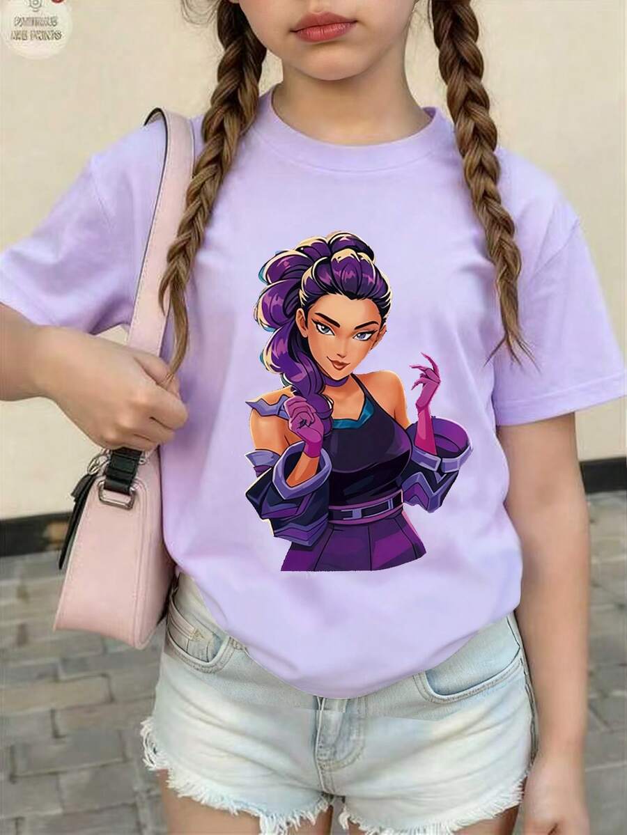 1pc Young Girl Cute Kpop Girl Print Purple Short Sleeve Top, Loose Fit, Suitable For All Seasons: Spring, Summer, Autumn, Winter, Great Christmas Gift For Girls