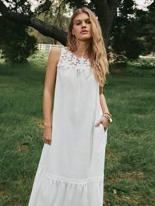 Freevana Váy dài màu trắng thường ngày có túi cho nữ, dáng rộng, bồng bềnh, phong cách Boho - trắng - Xem 11