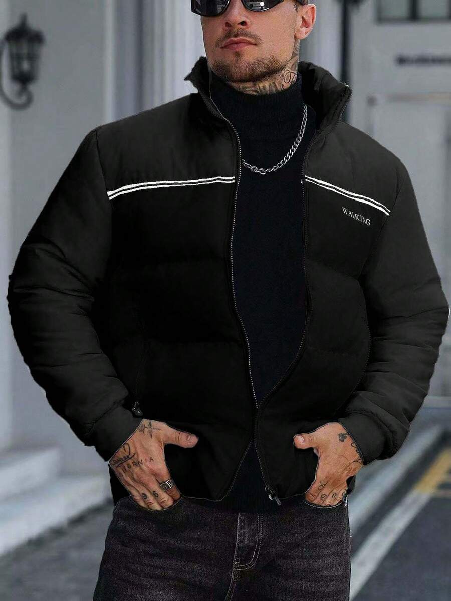 Manfinity CasualCool 男士休闲保暖拉链立领羽绒服,秋冬黑色男士夹克,男士羽绒服,男士冬季服装,男士街头风拉链夹克,适合日常休闲、周末旅行、户外活动、探险旅行、轻松的工作环境或半正式场合,可作为男友/丈夫礼物、周年纪念/生日礼物、派对礼物、圣诞节礼物、新年礼物。 - 黑色 - 查看 1