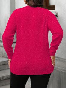 EMERY ROSE Plus Size Women's Solid Color Crew Neck Long Sleeve Casual Sweater, Autumn/Winter - Hot Pink - View 2