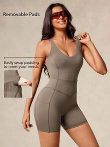 OutZeal Mono deportivo para mujer, conjunto de ciclismo y gimnasio de verano con control de abdomen, tela transpirable y diseño sin espalda - Caqui - Ver 3