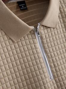 Core Aspect 男士夏季休闲通勤缀饰纹理面料半拉链 Polo 衫和前缝裤套装，男士两件套服装，复古风格，舒适服装 - 卡其色 - 查看 5