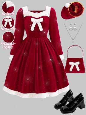 Lente-, herfst- en winter-, kerst- en Valentijnsdagthemajurk voor meisjes tussen de tween-leeftijd, witte pluizige strikaccent, witte pluizige rand op mouwen, zoom en kraag, zilveren strass-steentjes en stof, taille ingesnoerd, geschikt voor meisjes tussen de tween-leeftijd. Herfst/winter: schattige, elegante en schattige dagelijkse casual kleding, geschikt voor uitjes, vakanties, feestjes, feestdagen en Kerstmis.