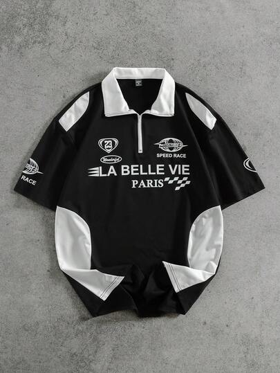 PAVTROS 男式纯色拼接前拉链字母图案 Polo 衫