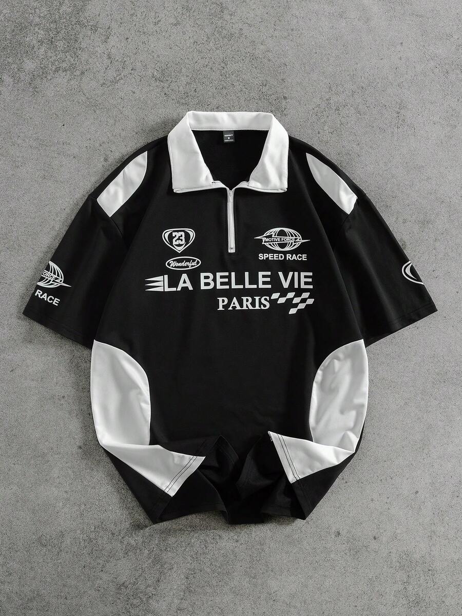 PAVTROS 男式纯色拼接前拉链字母图案 Polo 衫 - 黑與白 - 查看 1