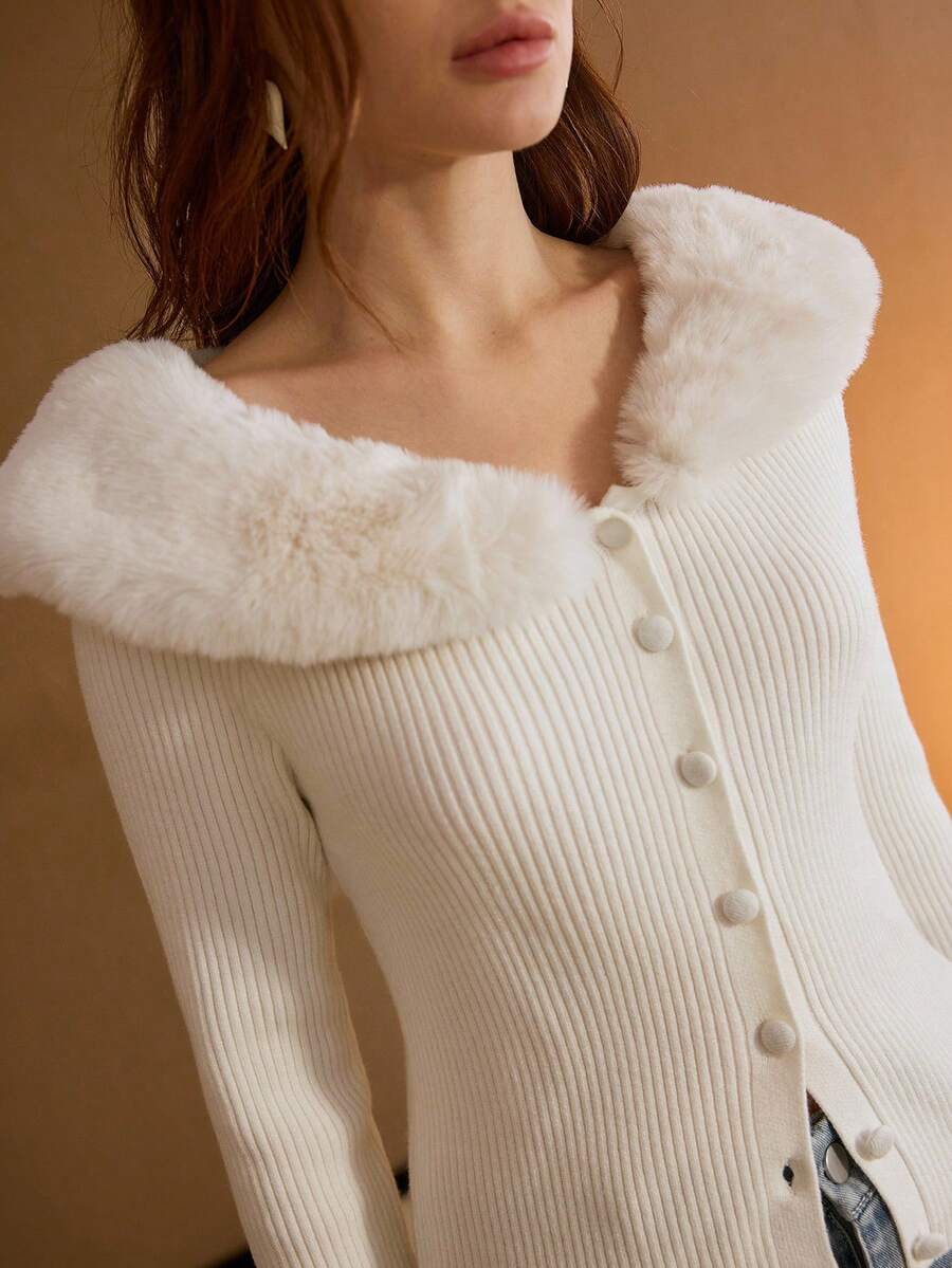 MOTF PREMIUM DETACHABLE CONTRAST FAUX FUR COLLAR WAIST FITTED KNIT LONG SLEEVE SWEATER TOP - White - View 2