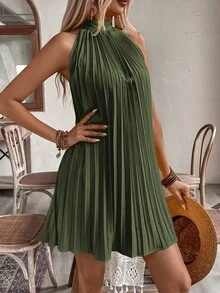 Breezaya Halter Off-Shoulder  Pleated Holiday Casual Dress For New Year Clothes Vacation Beach Outfits Women - Army Green - View 5