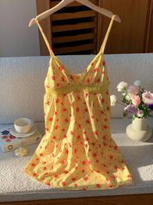 Comfortcana 女士印花撞色蕾丝荷叶边吊带连衣裙 - 淡黃色 - 查看 5