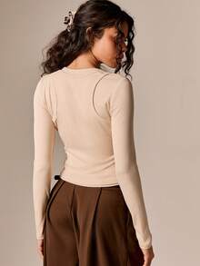 AiiRZ Mehrlagiges geripptes Langarmoberteil mit ausgeschnittenem Ausschnittdetail, Stehkragen, Basic Passform für Herbst/Winter, Beige - Verschiedenfarbig - Übersicht 2