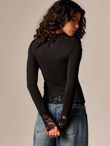 AiiRZ Ribbed Henley Top With Lace Trim Detail And Button Front Long Sleeve Layered Tee - Black - View 2